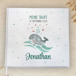 Fotoalbum & Gästebuch|my-own-story personalisiertes Gästebuch zur Taufe mit Wal, Welle, Herz in Grau & Hellblau blanko od. mit Fragen / Fragebogen