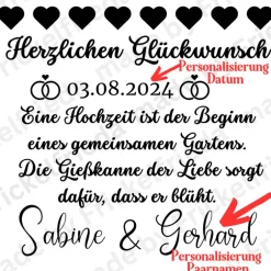 personalisiertes Hochzeitsgeschenk,10 Liter Gießkanne mit Spruch aus Vinylschrift verziert und mit Schleifendeko Hochzeitsgeschenke