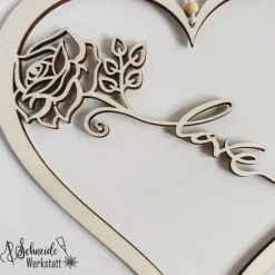 Hochzeitsdeko|Schneide-Werkstatt Personalisiertes Holzherz als Hochzeitsdekoration oder Geschenk zum Valentinstag, Herz mit Rose Love und Namen