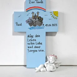 Personalisiertes Kinderkreuz Arche Noah – Handbemaltes Taufkreuz mit Schutzengel & Wunschtext – Taufgeschenk für Jungen Geschenke