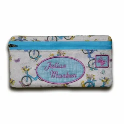 New Personalisiertes Kosmetiktäschchen mit eigenem Wunschtext Fahrrad-Design in blau lila mit Blumen Monogramm Stickerei Kinder Federmäppchen