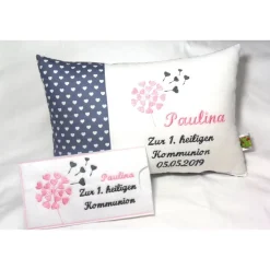 Geschenke|ChrisPatchy personalisiertes Namenskissen Geschenk zur Kommunion Konfirmation Geburt Taufe in grau weiß