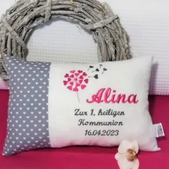 Geschenke|ChrisPatchy personalisiertes Namenskissen Geschenk zur Kommunion Konfirmation Geburt Taufe in grau weiß