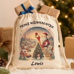 Outlet Personalisiertes Nikolaussäckchen mit Name – Weihnachtsgeschenkbeutel Rentier, Leinen-Optik, 36x43cm, Natur, Kordelzug Weihnachtsaccessoires