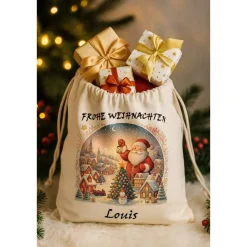 Outlet Personalisiertes Nikolaussäckchen mit Name – Weihnachtsgeschenkbeutel Rentier, Leinen-Optik, 36x43cm, Natur, Kordelzug Weihnachtsaccessoires