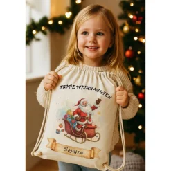 Outlet Personalisiertes Nikolaussäckchen mit Name – Weihnachtsgeschenkbeutel Rentier, Leinen-Optik, 36x43cm, Natur, Kordelzug Weihnachtsaccessoires