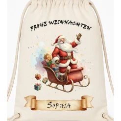 Outlet Personalisiertes Nikolaussäckchen mit Name – Weihnachtsgeschenkbeutel Rentier, Leinen-Optik, 36x43cm, Natur, Kordelzug Weihnachtsaccessoires