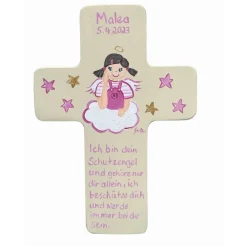 Personalisiertes Taufkreuz Schutzengelkreuz Mädchen – Handbemaltes Holzkreuz als Geschenk zur Taufe oder Geburt Geschenke