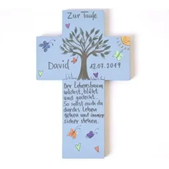 Geschenke|Gista Shop Personalisiertes Taufkreuz Lebensbaum für Jungen – Handgemachtes Kinderkreuz als Geschenk zur Taufe & Kommunion
