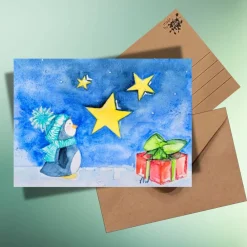 Outlet Pinguin & Geschenk – Herzerwärmende Weihnachtskarte auf Kraftpapier, handillustriert Weihnachtskarten