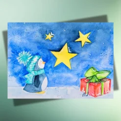 Outlet Pinguin & Geschenk – Herzerwärmende Weihnachtskarte auf Kraftpapier, handillustriert Weihnachtskarten