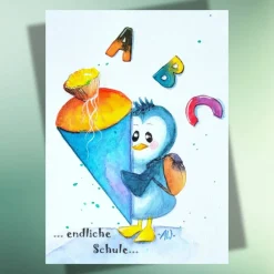 Clearance Pinguin Einschulung Postkarte – Fröhliche Grußkarte mit Schultüte & ABC für Schulanfänger Kinder Einschulung