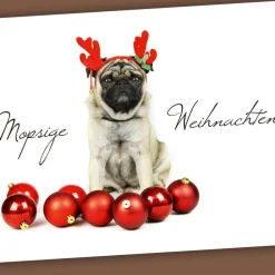 Clearance Postkarte „Mopsige Weihnachten“ Weihnachtskarten