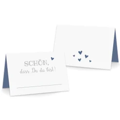 Sale Premium Tischkarten Schön dass Du da Bist mit Herz in blau - Platzkarten zum selbst Beschriften - Namenskarten Hochzeit, Geburtstag, Konfirmation, Kommunion Hochzeitsdeko