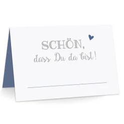 Sale Premium Tischkarten Schön dass Du da Bist mit Herz in blau - Platzkarten zum selbst Beschriften - Namenskarten Hochzeit, Geburtstag, Konfirmation, Kommunion Hochzeitsdeko