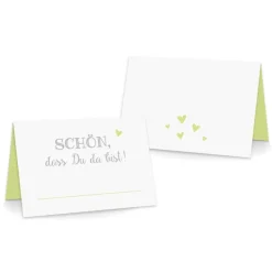 Premium Tischkarten Schön dass Du da Bist mit Herz in hellgrün - Platzkarten zum selbst Beschriften - Namenskarten Hochzeit, Geburtstag, Konfirmation, Kommunion Hochzeitsdeko