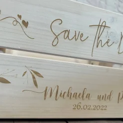 Clearance Präsentkorb, Hochzeit, Safe the Date, Hochzeitsgeschenk mit persönlicher Wunschgravur Hochzeitsdeko