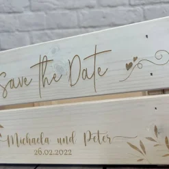 Clearance Präsentkorb, Hochzeit, Safe the Date, Hochzeitsgeschenk mit persönlicher Wunschgravur Hochzeitsdeko