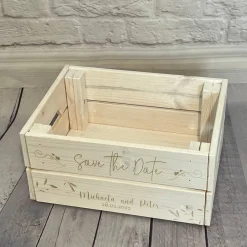 Clearance Präsentkorb, Hochzeit, Safe the Date, Hochzeitsgeschenk mit persönlicher Wunschgravur Hochzeitsdeko