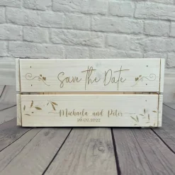 Clearance Präsentkorb, Hochzeit, Safe the Date, Hochzeitsgeschenk mit persönlicher Wunschgravur Hochzeitsdeko