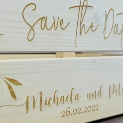 Clearance Präsentkorb, Hochzeit, Safe the Date, Hochzeitsgeschenk mit persönlicher Wunschgravur Hochzeitsdeko