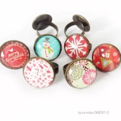 Online Ring verstellbar bronzefarben, Glas Cabochon mit Motiv Winter Schneemann, Zuckerstange, Weihnachtsring, BuntMixxDESIGN Weihnachtsgeschenke