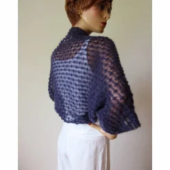 Discount Ärmelbolero aus Kid-Mohair in Dunkelblau, gestrickter Shrug Halbarm, festliches Jäckchen für Damen, Trachtenhochzeit Brautstolen & -Boleros