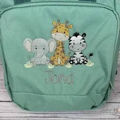 Kinderrucksack|Handmadelovebytanja Roll Top Rucksack mit Safari Tieren und Namen bestickt I Kindergartentasche personalisiert I Tasche für Kinder