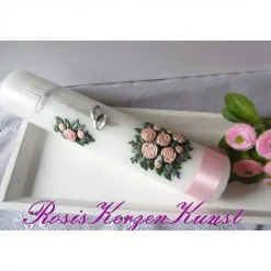 New Romantische HOCHZEITSKERZE  mit Rosenbouquet und Satinband Hochzeitskerzen