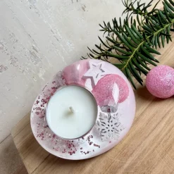 Kerzen & Beleuchtung|ZeitlosSchmuckDesign Rosa Teelichthalter aus Epoxidharz mit Weihnachtskugeln, Stern & Schneeflocke – weihnachtliche Tischdeko