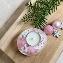 Kerzen & Beleuchtung|ZeitlosSchmuckDesign Rosa Teelichthalter aus Epoxidharz mit Weihnachtskugeln, Stern & Schneeflocke – weihnachtliche Tischdeko