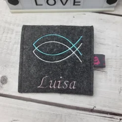 New Rosenkranztasche Fische mit Name. Kommunion Gotteslobhülle