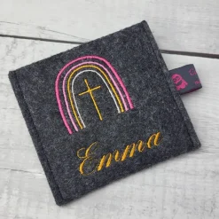 New Rosenkranztäschchen Regenbogen mit Name, Kommunionsgeschenk Gotteslobhülle
