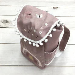 Kinderrucksack|Nstyle Fashion Rucksack mit Blumen,  Umhängetasche, Rucksack mit Regenbogen, altrosa dunkel, weiß bestickt,  Kindergartenrucksack