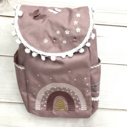Kinderrucksack|Nstyle Fashion Rucksack mit Blumen,  Umhängetasche, Rucksack mit Regenbogen, altrosa dunkel, weiß bestickt,  Kindergartenrucksack