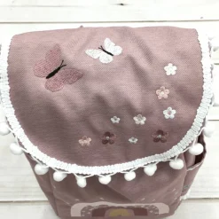 Kinderrucksack|Nstyle Fashion Rucksack mit Blumen,  Umhängetasche, Rucksack mit Regenbogen, altrosa dunkel, weiß bestickt,  Kindergartenrucksack