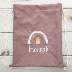 Kinderrucksack|Nstyle Fashion Rucksack mit Blumen,  Umhängetasche, Rucksack mit Regenbogen, altrosa dunkel, weiß bestickt,  Kindergartenrucksack