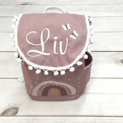 Best Rucksack mit Namen, mit Schmetterling, Umhängetasche, Rucksack mit Regenbogen, altrosa dunkel, weiß bestickt,  Kindergar Kinder Kinderrucksack