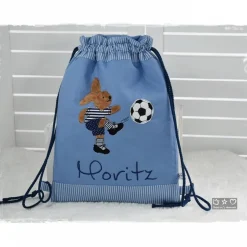 Online Rucksack/Beutel blau mit Hase, Fußball und Wunschname Kinder Turnbeutel