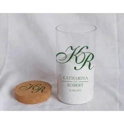 Accessoires|Das Moment Sandzeremonie Glas mit Holzdeckel Hochzeitsbrauch Windlicht Design Calligraphy