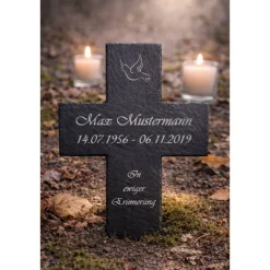 Online Schieferkreuz 30x20cm personalisiert – Gedenkkreuz mit Wunschgravur als Grabschmuck für Urnengrab & Baumgrab Gedenksteine