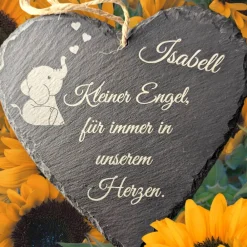 Discount Schieferplatte Herz, Grabschmuck personalisiert, Gedenktafel, Bärchen mit Herz 10cm-25cm Gedenksteine
