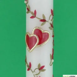 Hot Schlanke Hochzeitskerze mit goldumrahmten roten Herzen und Blattranke, personalisierbar, ideale Hochzeitsdeko Hochzeitskerzen