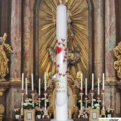 Hot Schlanke Hochzeitskerze mit goldumrahmten roten Herzen und Blattranke, personalisierbar, ideale Hochzeitsdeko Hochzeitskerzen