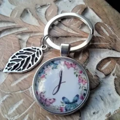 Accessoires|Die Schmuckkiste Schlüsselanhänger Buchstabe Cabochon silberfarbe Fassung 25mm mit Blatt Anhänger Geschenk für Sie