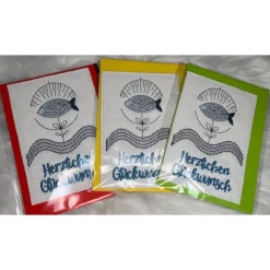 Sale Schöne gestickte Karten Glückwunschkarten zur Taufe, Kommunion, Fisch 3er Set Glückwunschkarten