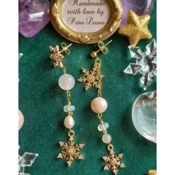 Weihnachtsaccessoires|Atelier Petra Leona SCHNEEFLOCKEN-Ohrringe MONDSTEIN Welo-OPAL PERLE Geburtsstein JUNI OKTOBER KREBS Winter Braut Schmuck teilw. vergoldet