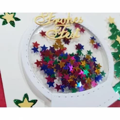 Weihnachtskarten|Rosarium Schüttelkarte Schnee-Kugel Weihnachts-Karte bunte Sterne rot