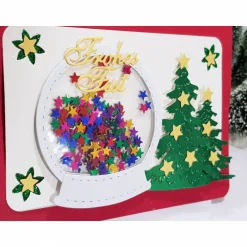 Weihnachtskarten|Rosarium Schüttelkarte Schnee-Kugel Weihnachts-Karte bunte Sterne rot
