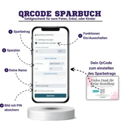 New Schulanfang Geldgeschenk | Digitales Sparbuch | QrCode Postkarte DIN A6 inkl. Briefumschlag und Anhänger | Schultüte Kinder Einschulung